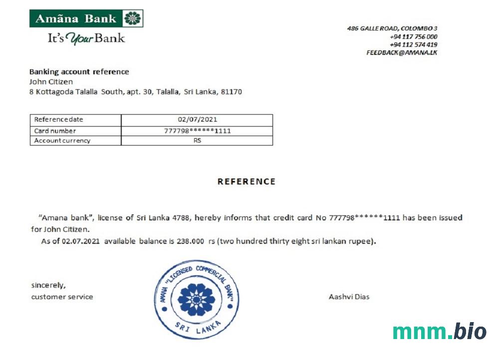 Przykład odniesienia banku Sri Lanka Amana w formatach Word i PDF